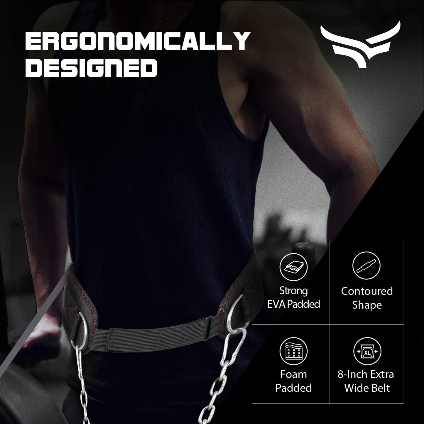 XTRIM Unisex Dipping Belt with Adjustable 36-inch Heavy-duty Steel Chain for Gym & Fitness Workout and Strength Training, Contoured-Shape, Carabiner Mechanism (Black)