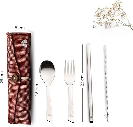 Rusabl Stainless Steel Cutlery Set Reusable Travel for Daily Use, Gifting and Traveling, Spoon and Fork Set (Spoon, Fork, Steel Straw, Cleaner, Napkin and Jute Pouch (Red)