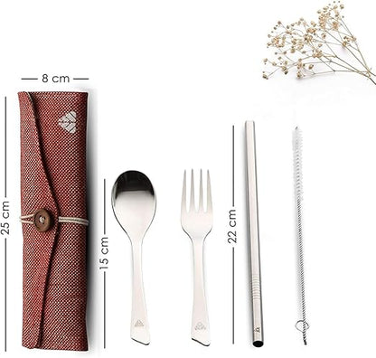 Rusabl Stainless Steel Cutlery Set Reusable Travel for Daily Use, Gifting and Traveling, Spoon and Fork Set (Spoon, Fork, Steel Straw, Cleaner, Napkin and Jute Pouch (Red)