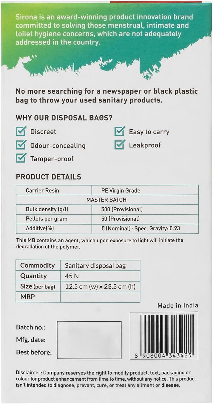 Product packaging for sanitary disposal bags with text and checkboxes on a green background.