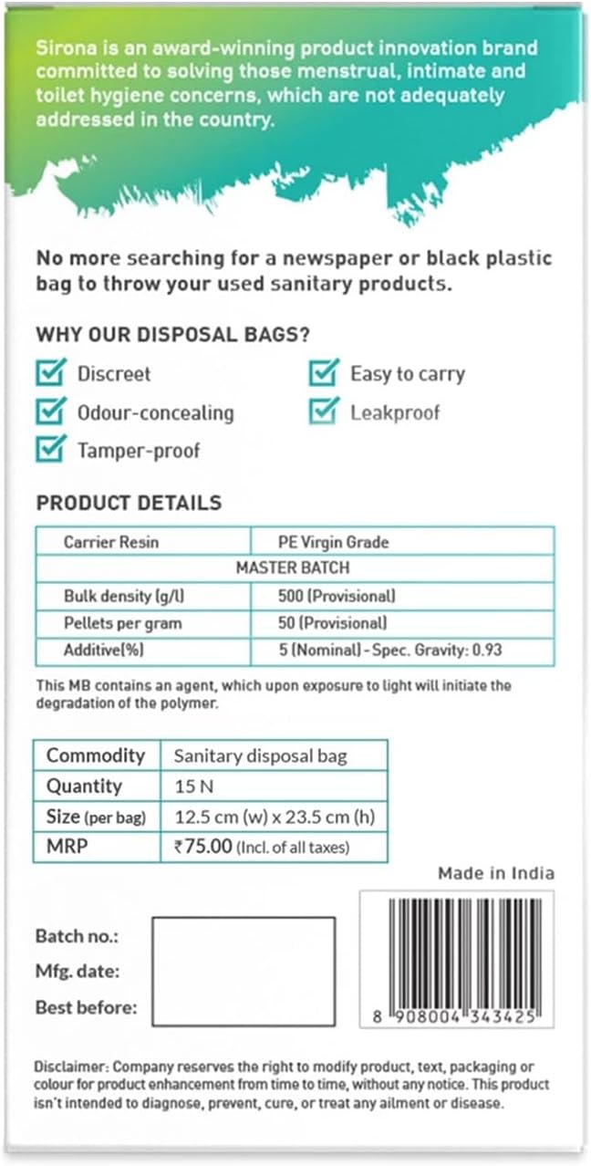Product packaging for sanitary disposal bags with features and details.