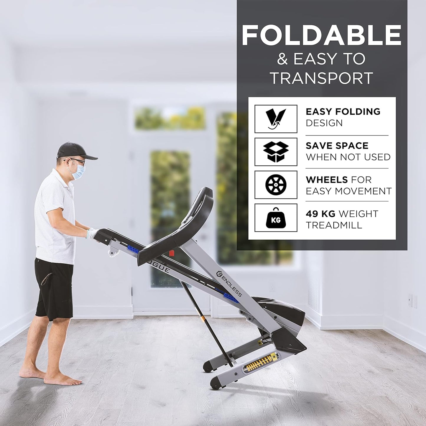 Endless Vogue Treadmill for Home Use With 4HP Peak Power DC Motor| Black | 120 Kg Max Weight and 14 Km/hr Max Speed Support | 420 mm Running Area | With Speakers | Auto Foldable with Auto Incline