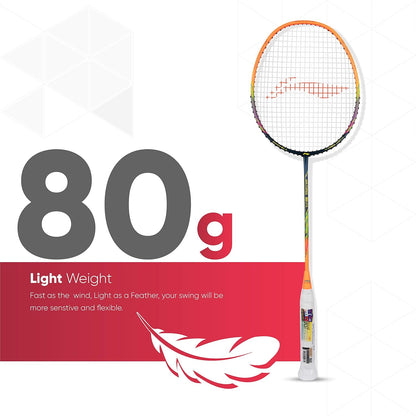 Li-Ning Air Force 80 Lite Carbon Fibre Strung Badminton Racket with Full Racket Cover | For Intermediate Players | 80 grams | Maximum String Tension - 30lbs