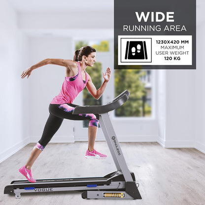 Endless Vogue Treadmill for Home Use With 4HP Peak Power DC Motor| Black | 120 Kg Max Weight and 14 Km/hr Max Speed Support | 420 mm Running Area | With Speakers | Auto Foldable with Auto Incline