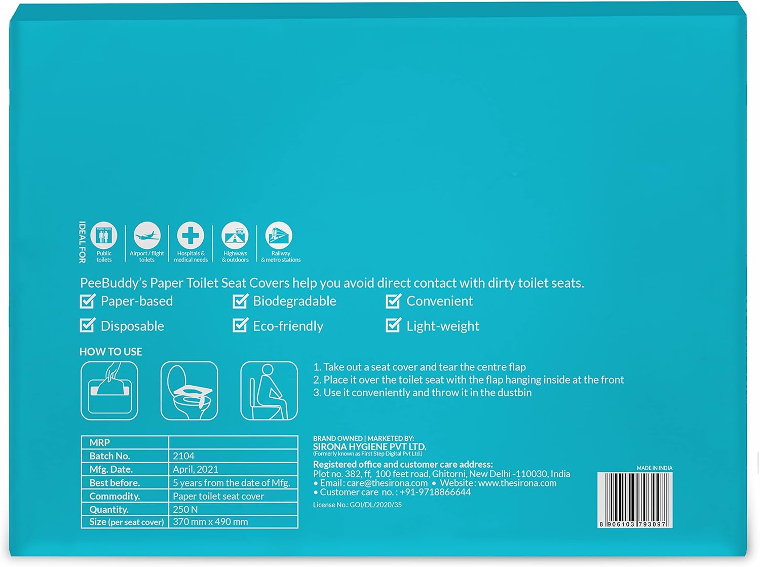 Back of a package with text and icons on a blue background