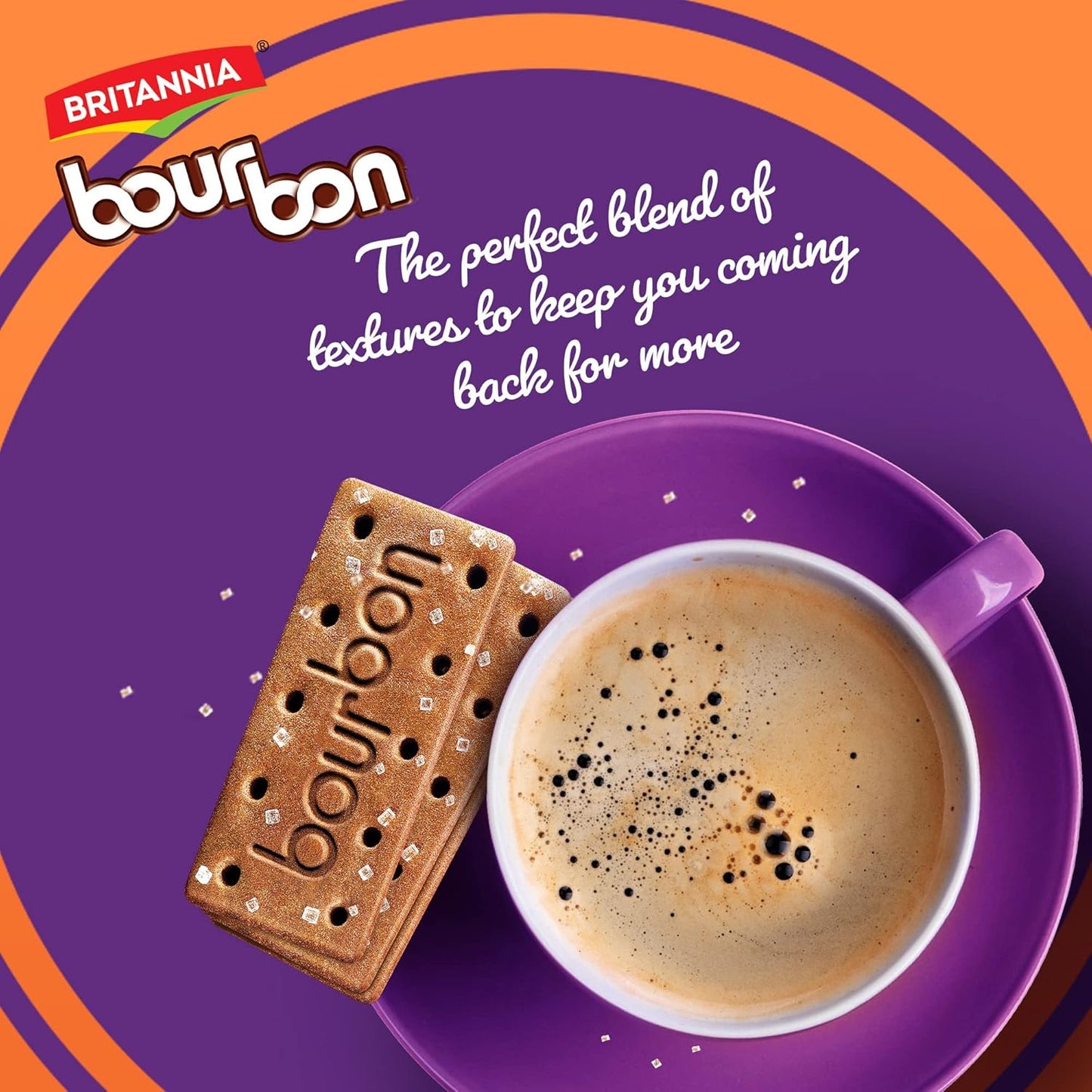 Britannia Bourbon The Original Cappuccino Crème Biscuits | Smooth Chocolate Cappuccino Cream Filling Crunchy Tea-Time Snack with Sugar Crystals (390g)