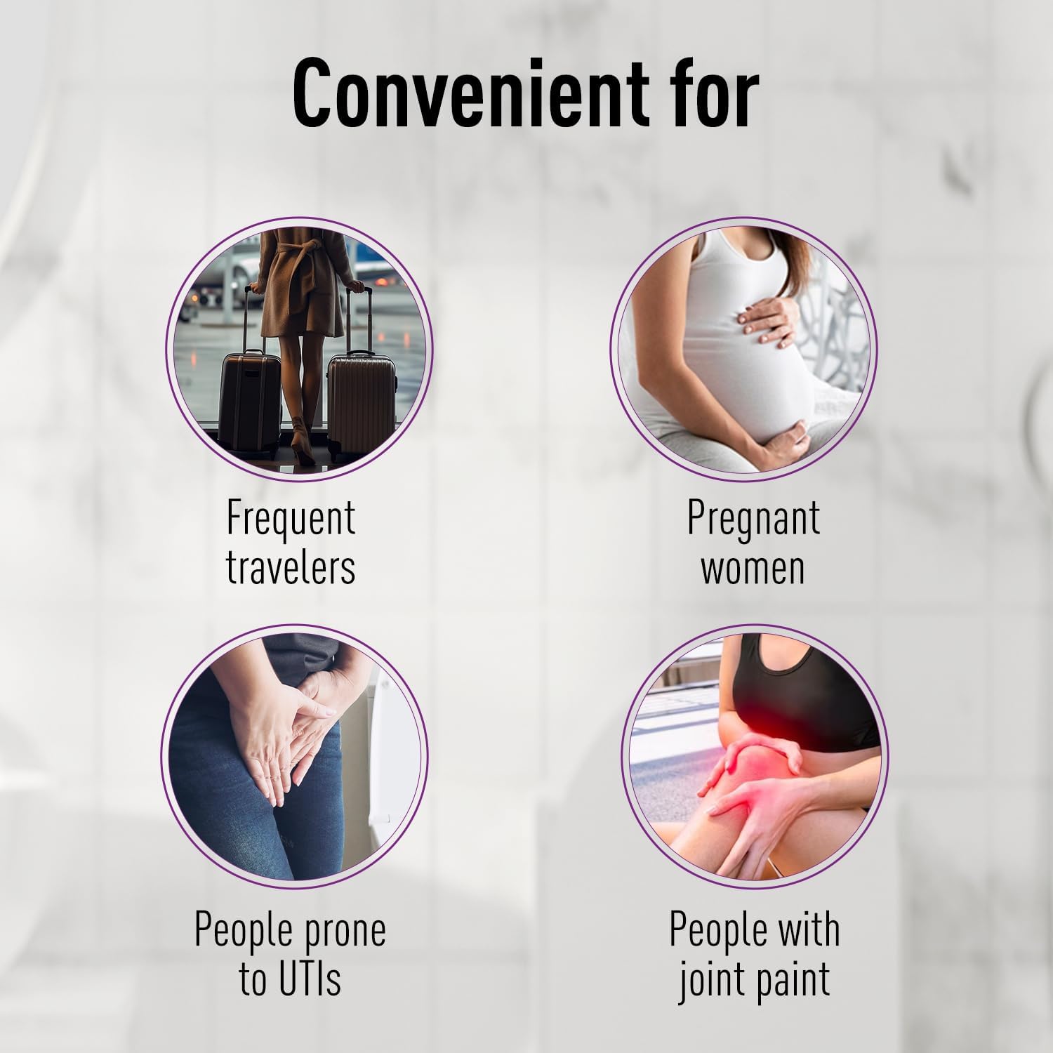 Product advertisement highlighting benefits for frequent travelers, pregnant women, people prone to UTIs, and those with joint pain.