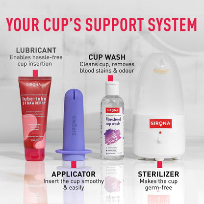 Sirona menstrual product set including lubricant, applicator, wash, and sterilizer on a white background.
