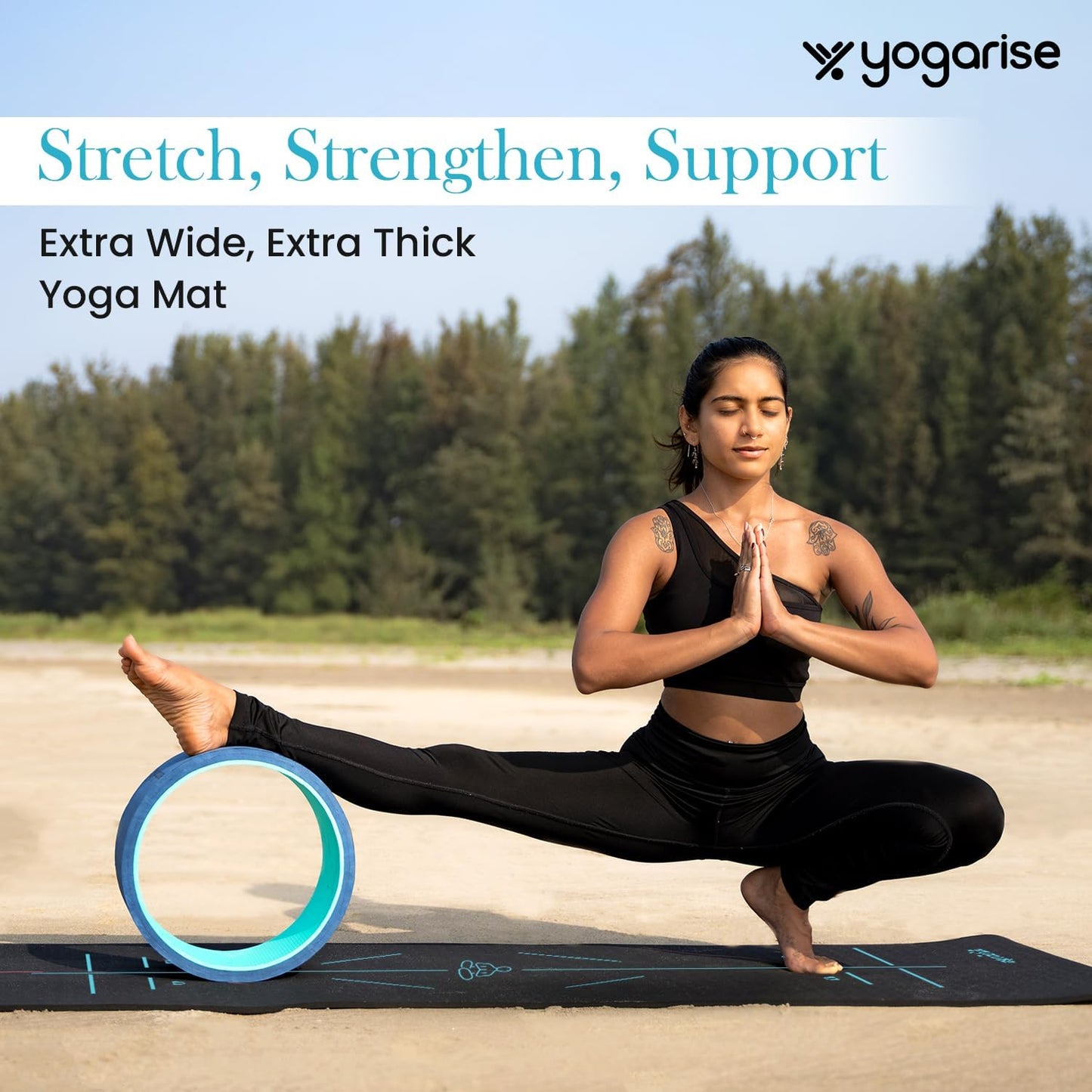 Yogarise NBR Yoga Mat with Sleek 2-in-1 Yoga Strap for Men and Women, Non-Slip Texture, Extra Wide & Thick Exercise Mat For Home, Pilates, Gym & Fitness (Blue & Black)