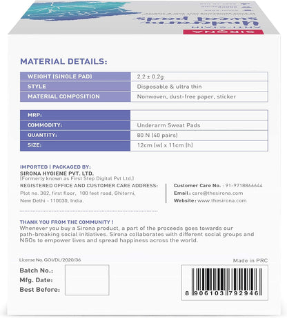 Back of a packaging box with material details and contact information for Sirona Hygiene.