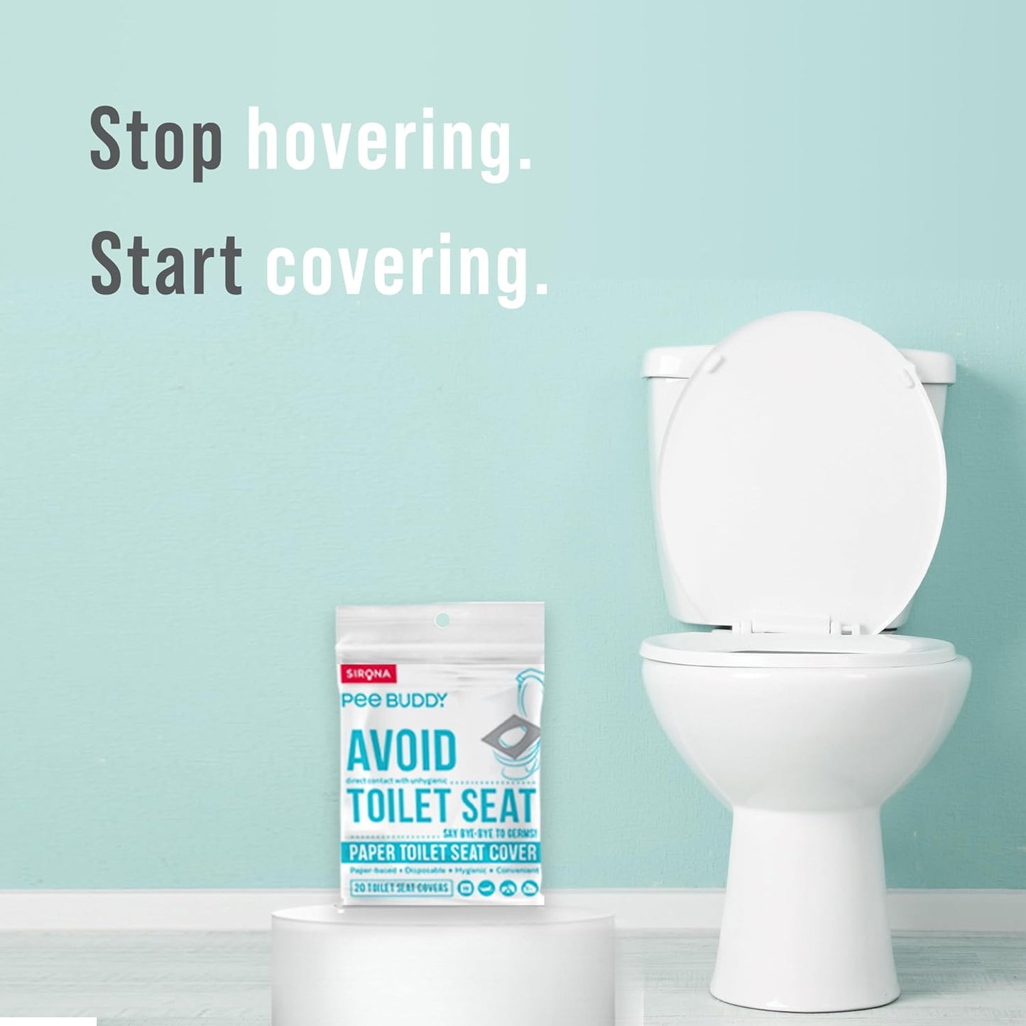 Toilet with a package of 'Pee Buddy' toilet seat cover on a light blue background