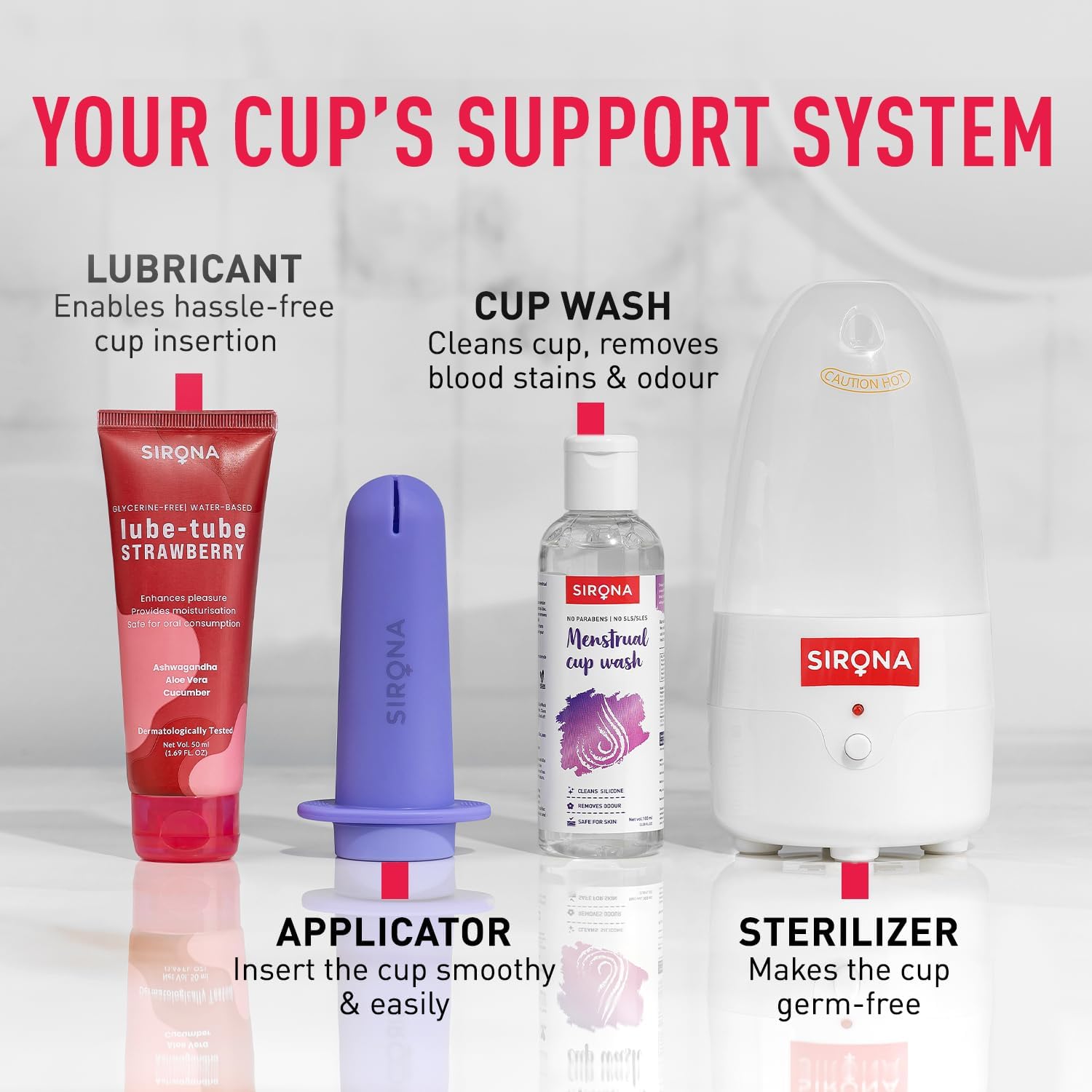 Sirona menstrual product set including lubricant, applicator, wash, and sterilizer on a white background.