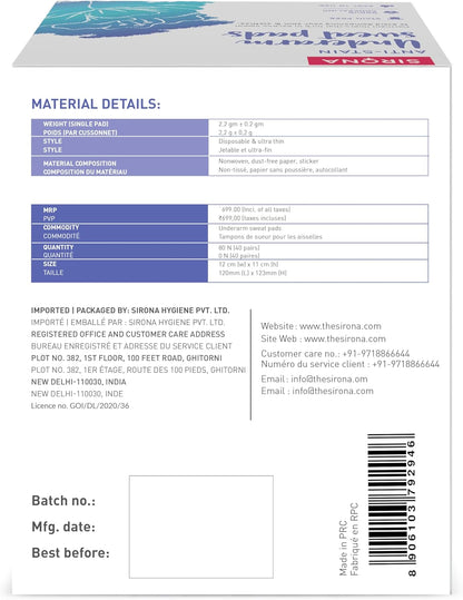 Product packaging with material details and branding on a white background