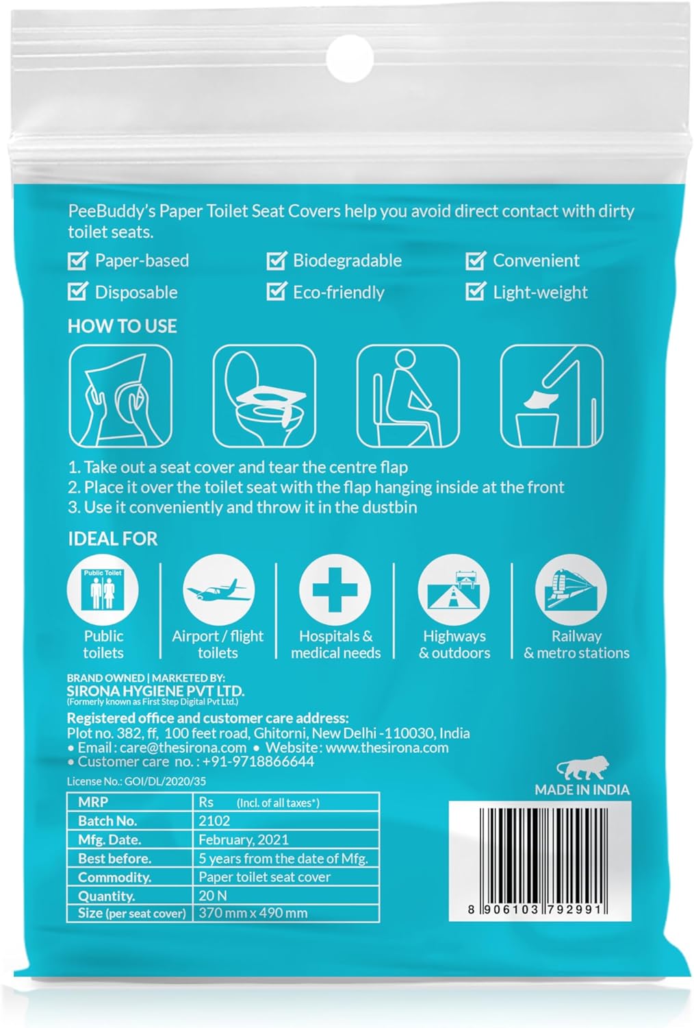 Package of PeeBuddy's Paper Toilet Seat Covers with usage instructions and product details.
