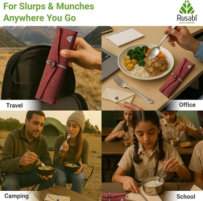 Rusabl Stainless Steel Cutlery Set Reusable Travel for Daily Use, Gifting and Traveling, Spoon and Fork Set (Spoon, Fork, Steel Straw, Cleaner, Napkin and Jute Pouch (Red)