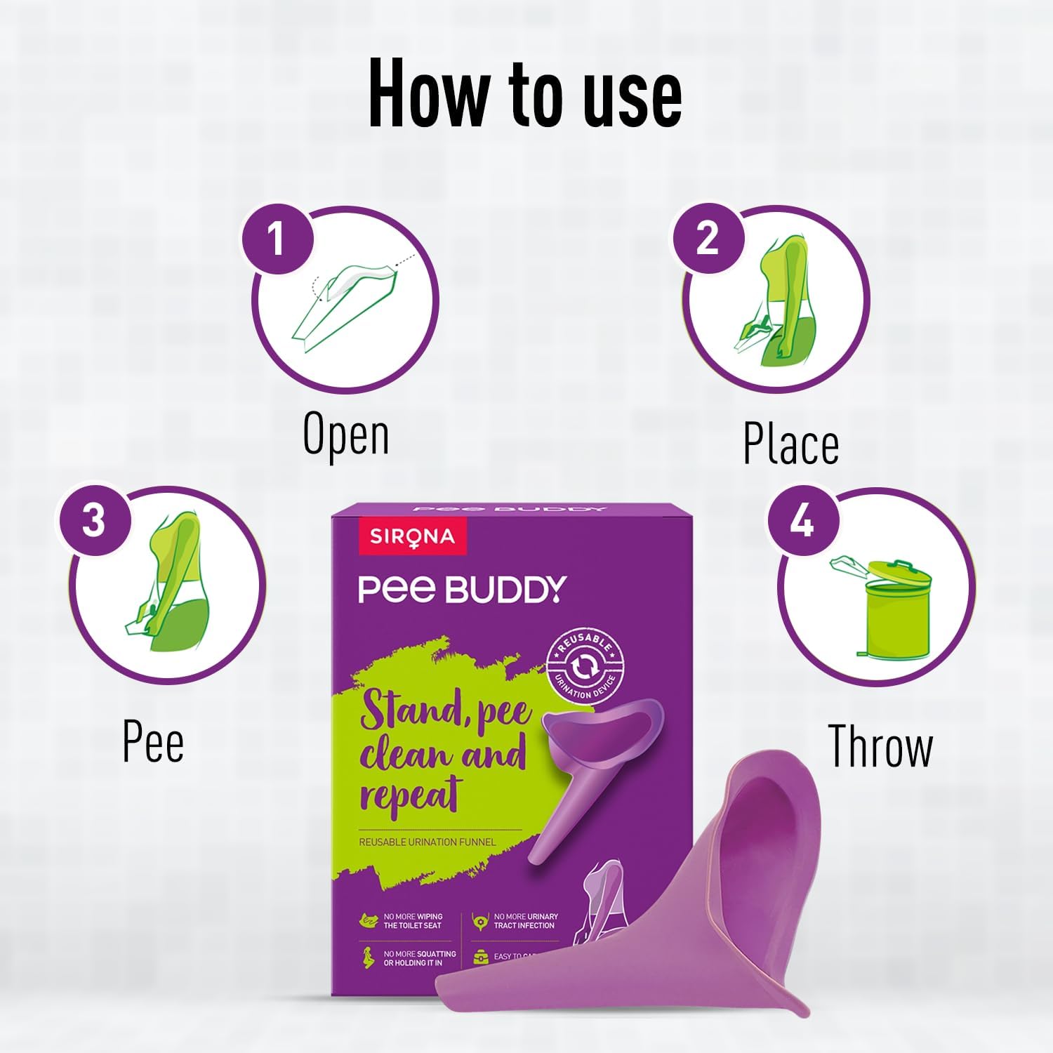 Purple Pee Buddy product with instructions on how to use it on a white background