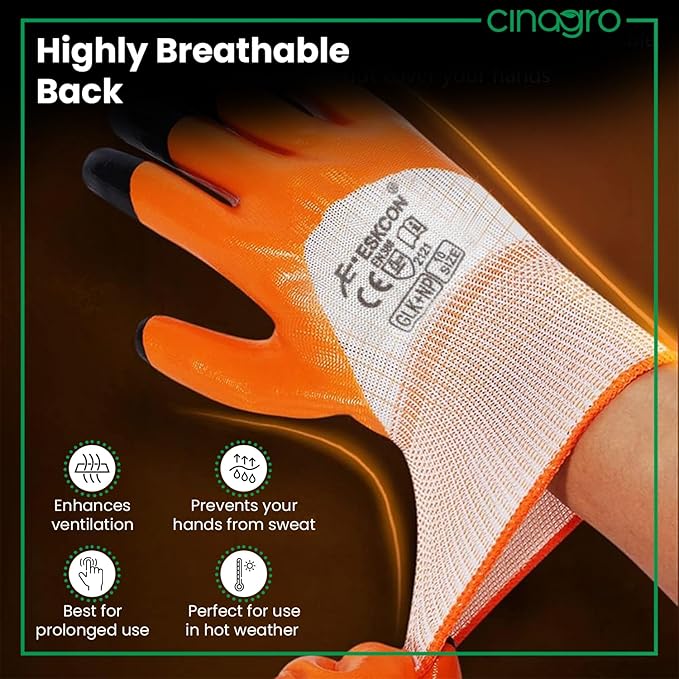 Cinagro Garden Gloves for Gardening Work, Durable Hand Gloves for Home Garden Use, Essential Gardening Accessories for Plant Care, Digging, Weeding & Outdoor Tasks, Reusable Protective Gloves (Orange)