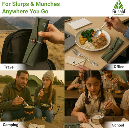Rusabl Stainless Steel Cutlery Set Reusable Travel for Daily Use, Gifting and Traveling, Spoon and Fork Set (Spoon, Fork, Steel Straw, Cleaner, Napkin and Jute Pouch (Green)