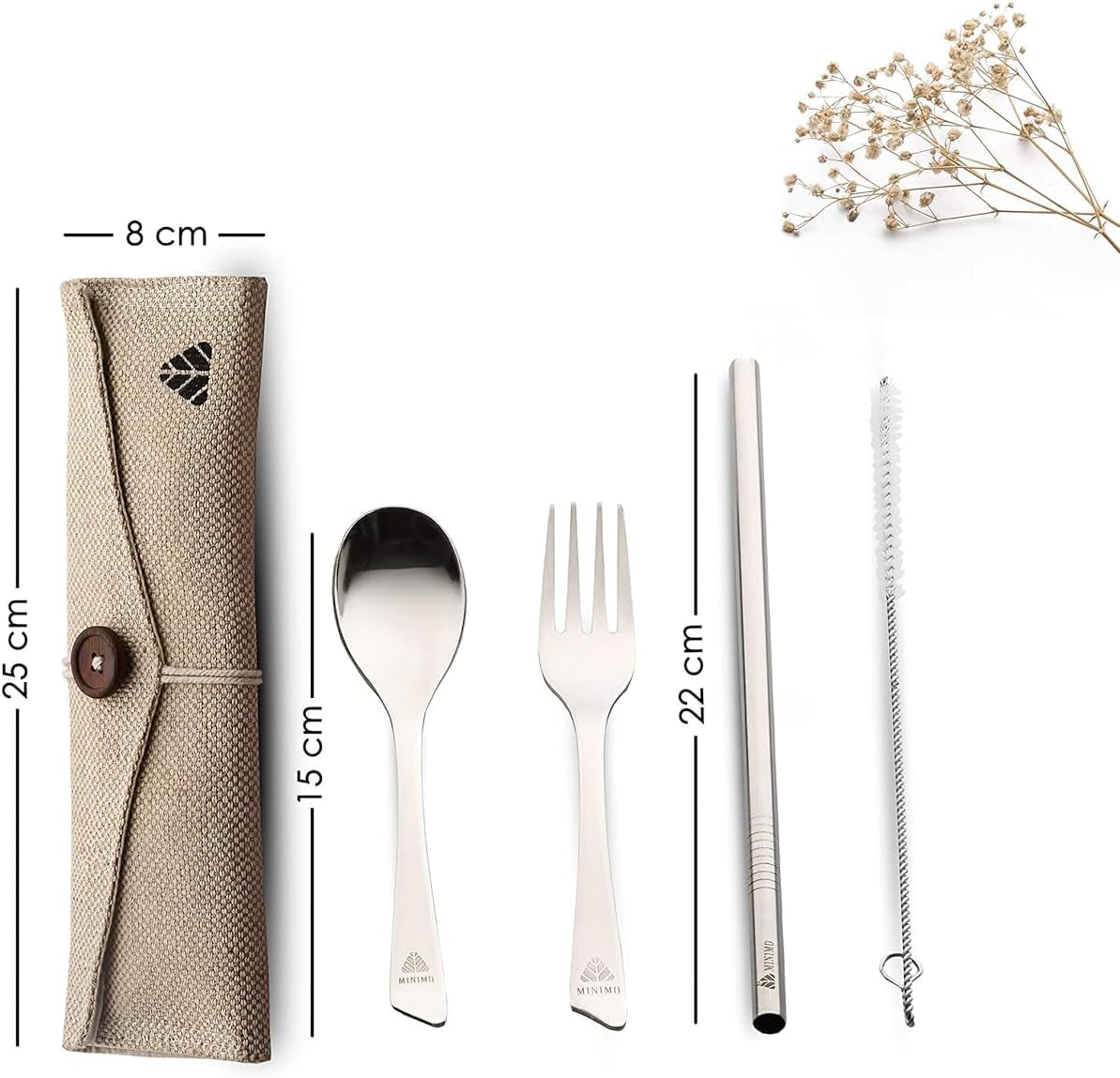 Rusabl Stainless Steel Cutlery Set | Reusable Travel Flatware for Daily Use, Gifting and Traveling (Spoon, Fork, Steel Straw, Straw Cleaner, Napkin in Beige Jute Pouch)