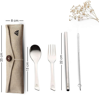 Rusabl Stainless Steel Cutlery Set | Reusable Travel Flatware for Daily Use, Gifting and Traveling (Spoon, Fork, Steel Straw, Straw Cleaner, Napkin in Beige Jute Pouch)
