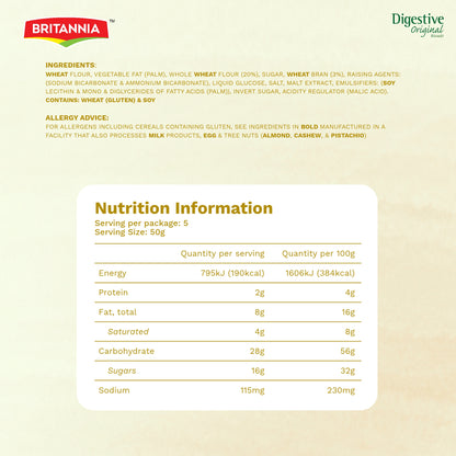 Britannia Digestive High-Fiber Biscuits | Healthy Whole Wheat Cookies | No Added Sugar | Crisp Tea Time Snack (225g)