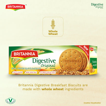 Britannia Digestive High-Fiber Biscuits | Healthy Whole Wheat Cookies | No Added Sugar | Crisp Tea Time Snack (225g)