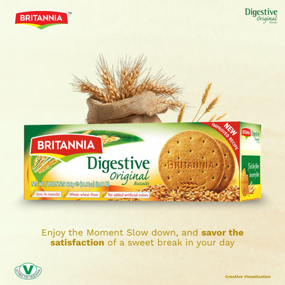 Britannia Digestive High-Fiber Biscuits | Healthy Whole Wheat Cookies | No Added Sugar | Crisp Tea Time Snack (225g)