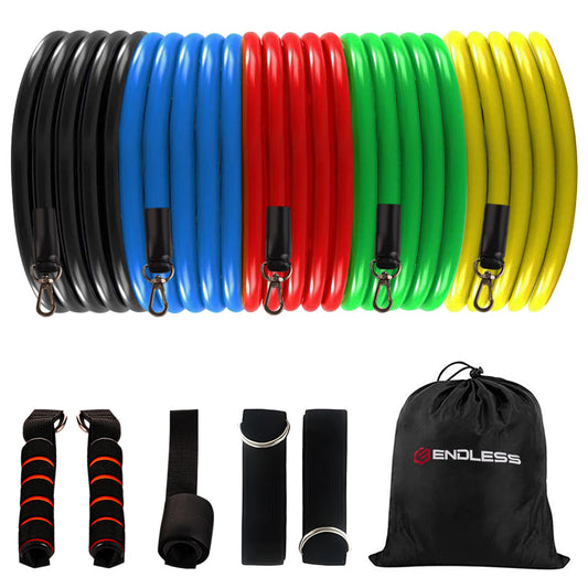 Endless EL1043 Toning Tubes Set of 5 with Different Resistance Levels | Multi Colour | Material : Natural Latex | With Door Anchor, Handles, Waterproof Carry Bag, Leg Ankle Straps for Men and Women