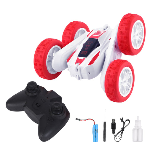 FUNFY Racing Stunt RC Toy Car with 4WD | with 360 Degree Rotation, Off-Road, Double Side Drive| Anti-Slip Vacuum Tires, Fog Spray & Rechargeable Battery|Black and Red | for Kids, Adults