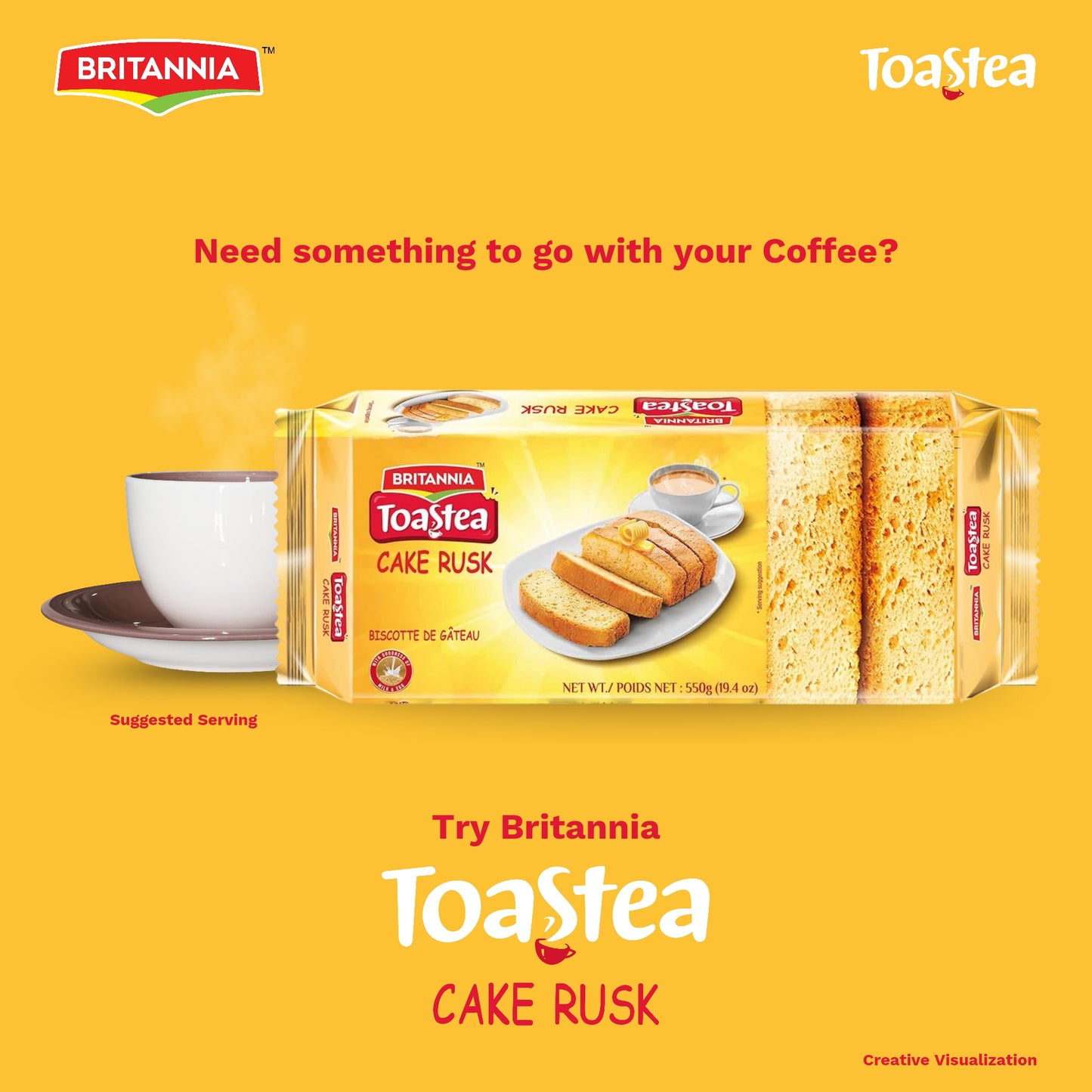 Britannia Cake Rusk Smooth & Soft Twice-Baked Cake | Made with Milk & Egg Delicious Snack for Breakfast & Tea Time (550g) Pack of 1