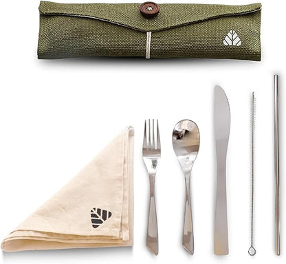 Rusabl Stainless Steel Cutlery Set Reusable Travel for Daily Use, Gifting and Traveling, Spoon and Fork Set (Spoon, Fork, Steel Straw, Cleaner, Napkin and Jute Pouch (Green)