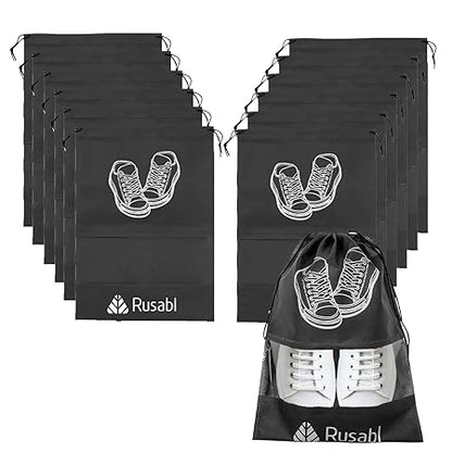 Rusabl Shoe Bag for Travel (Pack of 12, Black) Non Woven, See Through Window, Drawstring Closure, Travel Organiser Pouch for Women & Men Sports Shoes, Sandals, Slippers, Footwear Cover for Travelling