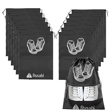 Rusabl Shoe Bag for Travel (Pack of 12, Black) Non Woven, See Through Window, Drawstring Closure, Travel Organiser Pouch for Women & Men Sports Shoes, Sandals, Slippers, Footwear Cover for Travelling