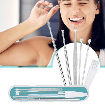 VFK by Trendy Home Ear Cleaning Kit Reusable Ear Wax Cleaner Tool Set with Storage Box - Ear Wax Remover Tool Kit with Ear Curette Cleaner and Spring Earbuds Cleaner (6 Pcs, Stainless Steel)