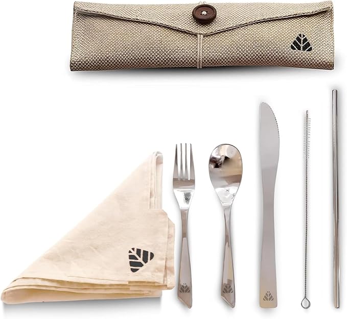 Rusabl Stainless Steel Cutlery Set | Reusable Travel Flatware for Daily Use, Gifting and Traveling (Spoon, Fork, Steel Straw, Straw Cleaner, Napkin in Beige Jute Pouch)