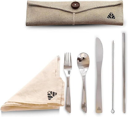 Rusabl Stainless Steel Cutlery Set | Reusable Travel Flatware for Daily Use, Gifting and Traveling (Spoon, Fork, Steel Straw, Straw Cleaner, Napkin in Beige Jute Pouch)