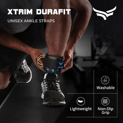 XTRIM Durafit Unisex Stylish Ankle Straps with Metal D-Rings for Cable Machine, Kickbacks and Glutes Workouts, Adjustable Ankle Straps, Curls & Hip Abductors with Padded Neoprene Support