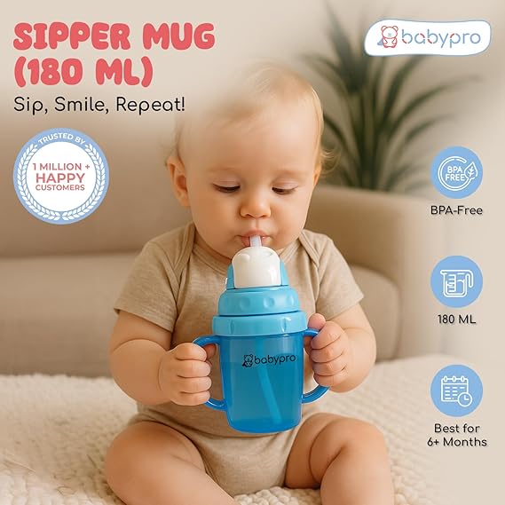 BabyPro Sipper Mug with Straw 180ML Spill-Proof, for Babies 6+ Months Age, for Water, Juice, Easy-Grip Handles, BPA-Free, Non-Toxic, Polypropylene, Easy to Clean, Safe Drinkware Cute & Durable