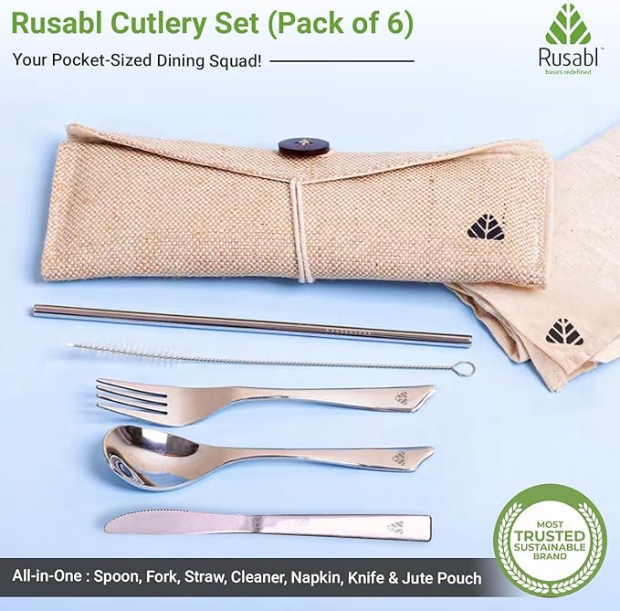 Rusabl Stainless Steel Cutlery Set | Reusable Travel Flatware for Daily Use, Gifting and Traveling (Spoon, Fork, Steel Straw, Straw Cleaner, Napkin in Beige Jute Pouch)