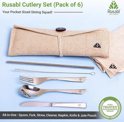 Rusabl Stainless Steel Cutlery Set | Reusable Travel Flatware for Daily Use, Gifting and Traveling (Spoon, Fork, Steel Straw, Straw Cleaner, Napkin in Beige Jute Pouch)