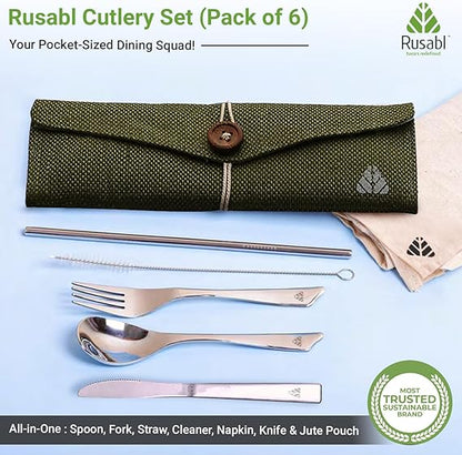 Rusabl Stainless Steel Cutlery Set Reusable Travel for Daily Use, Gifting and Traveling, Spoon and Fork Set (Spoon, Fork, Steel Straw, Cleaner, Napkin and Jute Pouch (Green)