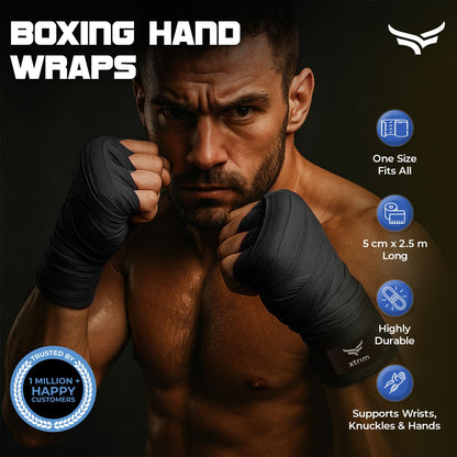 Xtrim Boxing Hand Wraps for Men & Women, Set of 2, 5cm x 2.5m, Polyester Cotton Blend, Wrist Support for MMA, Boxing, Muay Thai, Kickboxing, Velcro Closure, Training Accessories