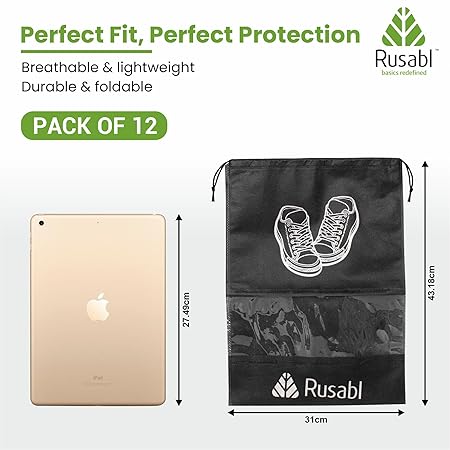 Rusabl Shoe Bag for Travel (Pack of 12, Black) Non Woven, See Through Window, Drawstring Closure, Travel Organiser Pouch for Women & Men Sports Shoes, Sandals, Slippers, Footwear Cover for Travelling