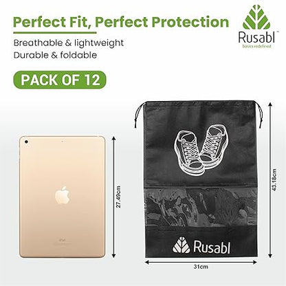 Rusabl Shoe Bag for Travel (Pack of 12, Black) Non Woven, See Through Window, Drawstring Closure, Travel Organiser Pouch for Women & Men Sports Shoes, Sandals, Slippers, Footwear Cover for Travelling