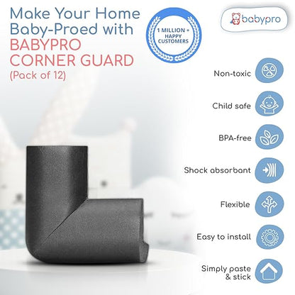BabyPro BabyProofing Corner Guards (12mm, Pack of 12) with Strong Adhesive Tape by Certified Professional Childproofer for Covering Sharp Edges & Corners of Bed, Table & Furniture (Black)