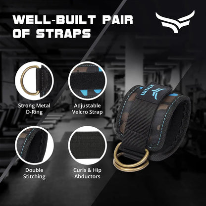 XTRIM Durafit Unisex Stylish Ankle Straps with Metal D-Rings for Cable Machine, Kickbacks and Glutes Workouts, Adjustable Ankle Straps, Curls & Hip Abductors with Padded Neoprene Support