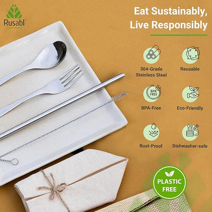 Rusabl Stainless Steel Cutlery Set | Reusable Travel Flatware for Daily Use, Gifting and Traveling (Spoon, Fork, Steel Straw, Straw Cleaner, Napkin in Beige Jute Pouch)