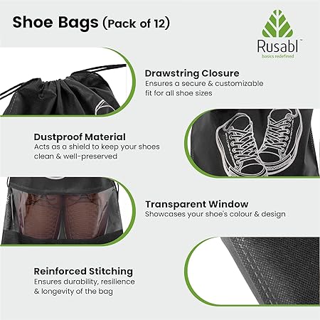 Rusabl Shoe Bag for Travel (Pack of 12, Black) Non Woven, See Through Window, Drawstring Closure, Travel Organiser Pouch for Women & Men Sports Shoes, Sandals, Slippers, Footwear Cover for Travelling