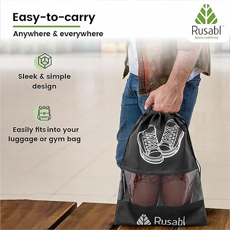Rusabl Shoe Bag for Travel (Pack of 12, Black) Non Woven, See Through Window, Drawstring Closure, Travel Organiser Pouch for Women & Men Sports Shoes, Sandals, Slippers, Footwear Cover for Travelling