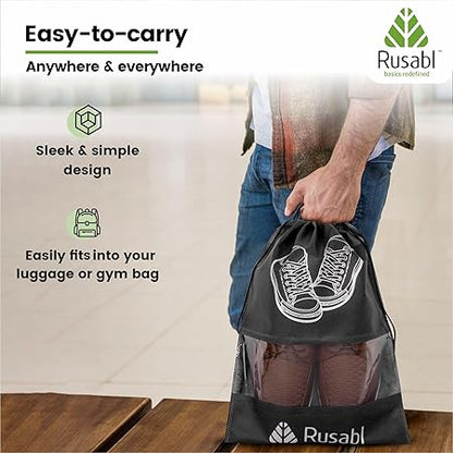 Rusabl Shoe Bag for Travel (Pack of 12, Black) Non Woven, See Through Window, Drawstring Closure, Travel Organiser Pouch for Women & Men Sports Shoes, Sandals, Slippers, Footwear Cover for Travelling